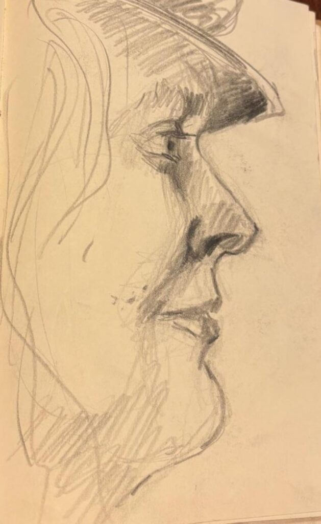 Pencil drawing of Francine van Dam in profile, by Romeck van Zeijl